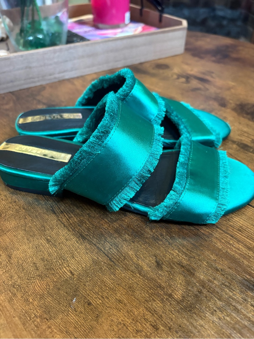 Kenneth Cole Satin Green Strap Slide On Sandals